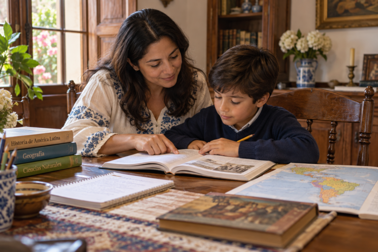 Madre e hijo estudiando homeschooling