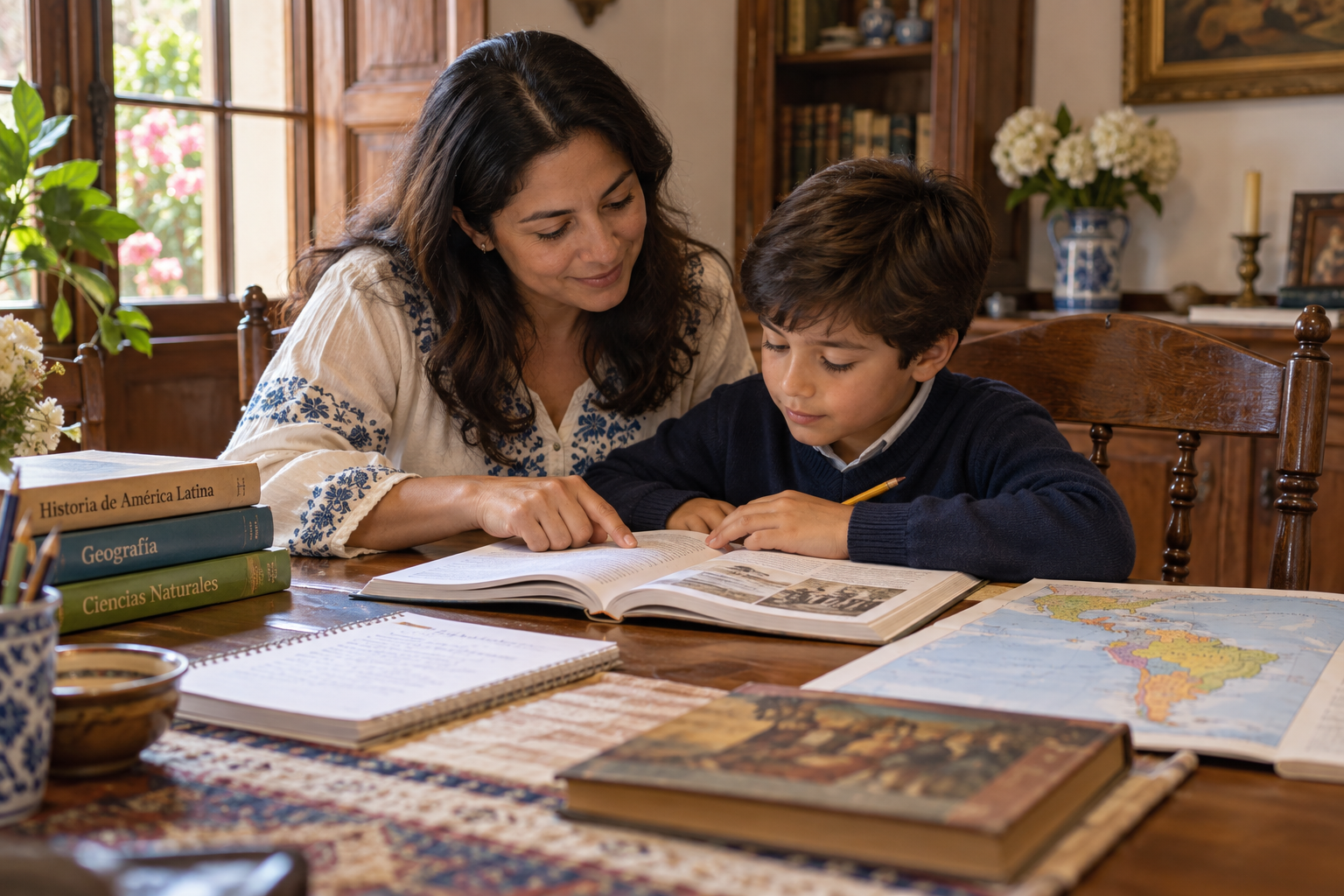 Madre e hijo estudiando homeschooling