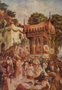 Pintura de una procesión con la imagen de Nuestra Señora de Guadalupe, con obispos, frailes, monaguillos e indígenas junto a una ermita